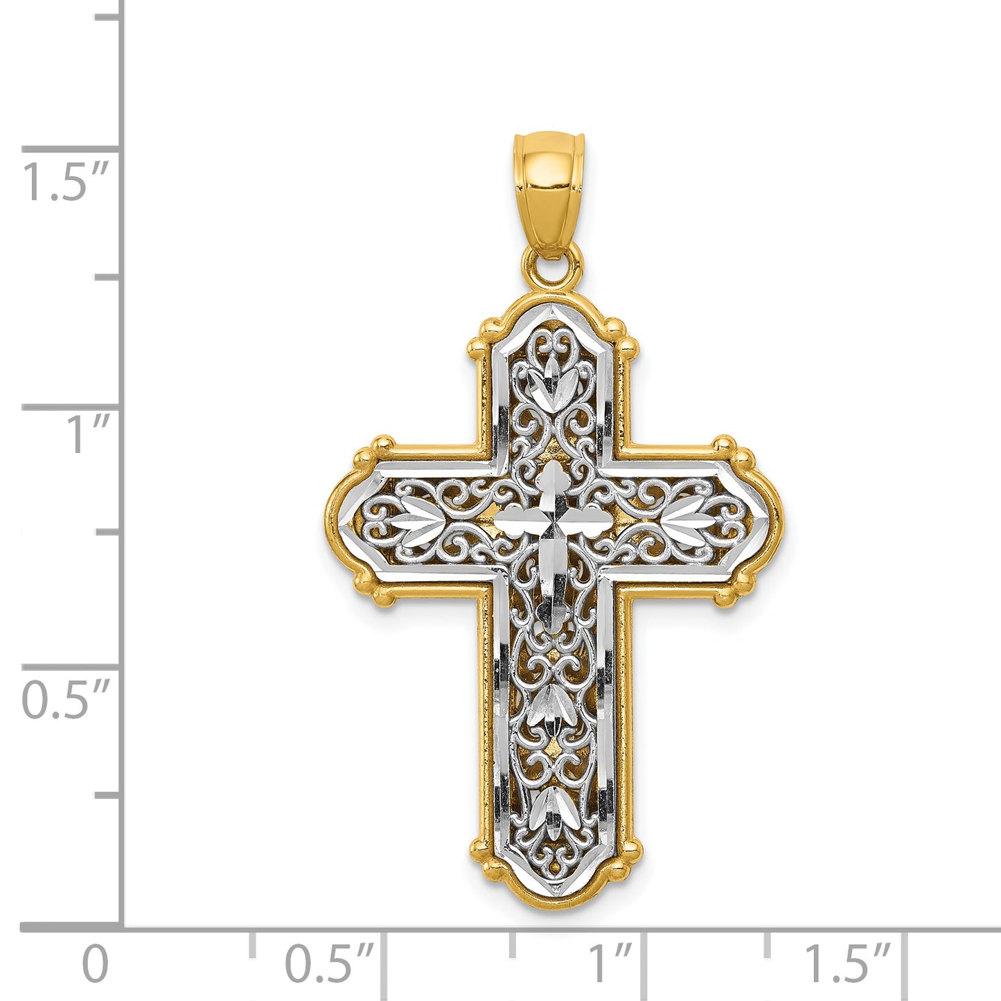 14k with Rhodium Reversible Diamond-cut Filigree Cross Pendant
