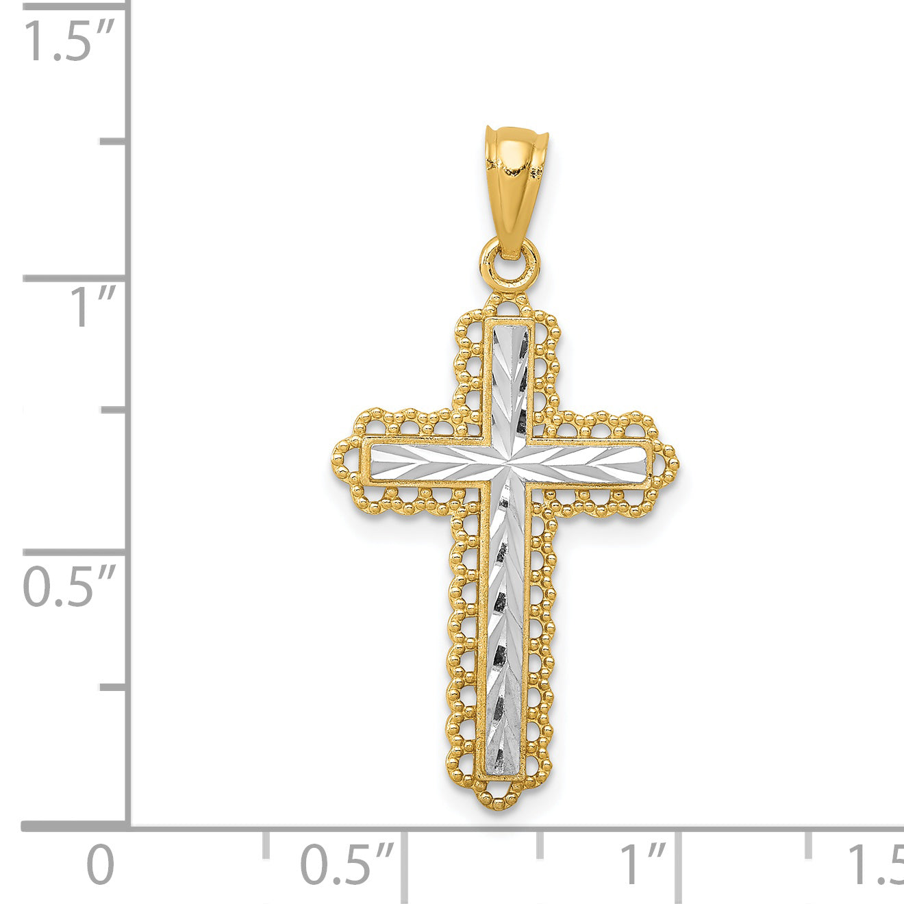 14k with Rhodium Diamond-cut Budded Cross Pendant