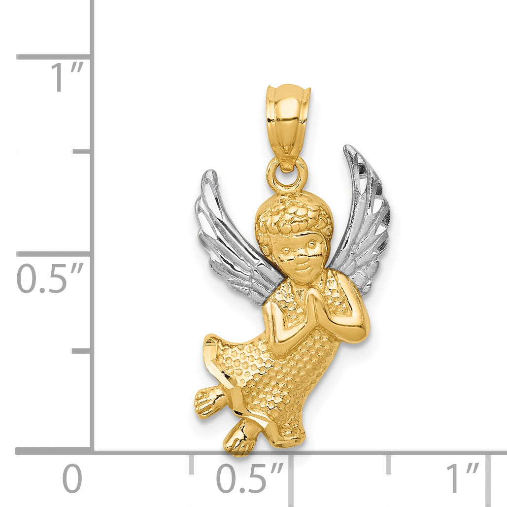 14k with Rhodium Diamond-cut Praying Angel Pendant