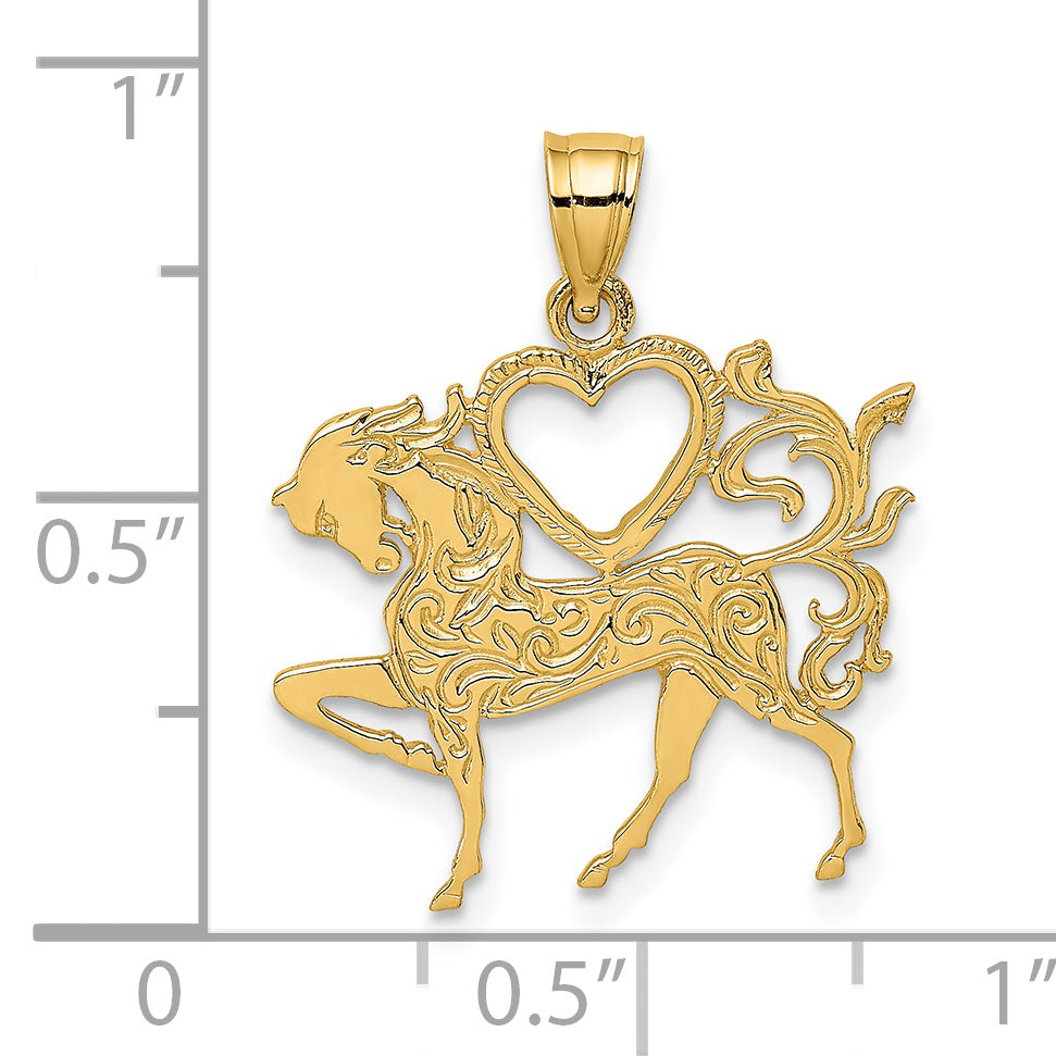 14K Textured Heart and Horse Charm