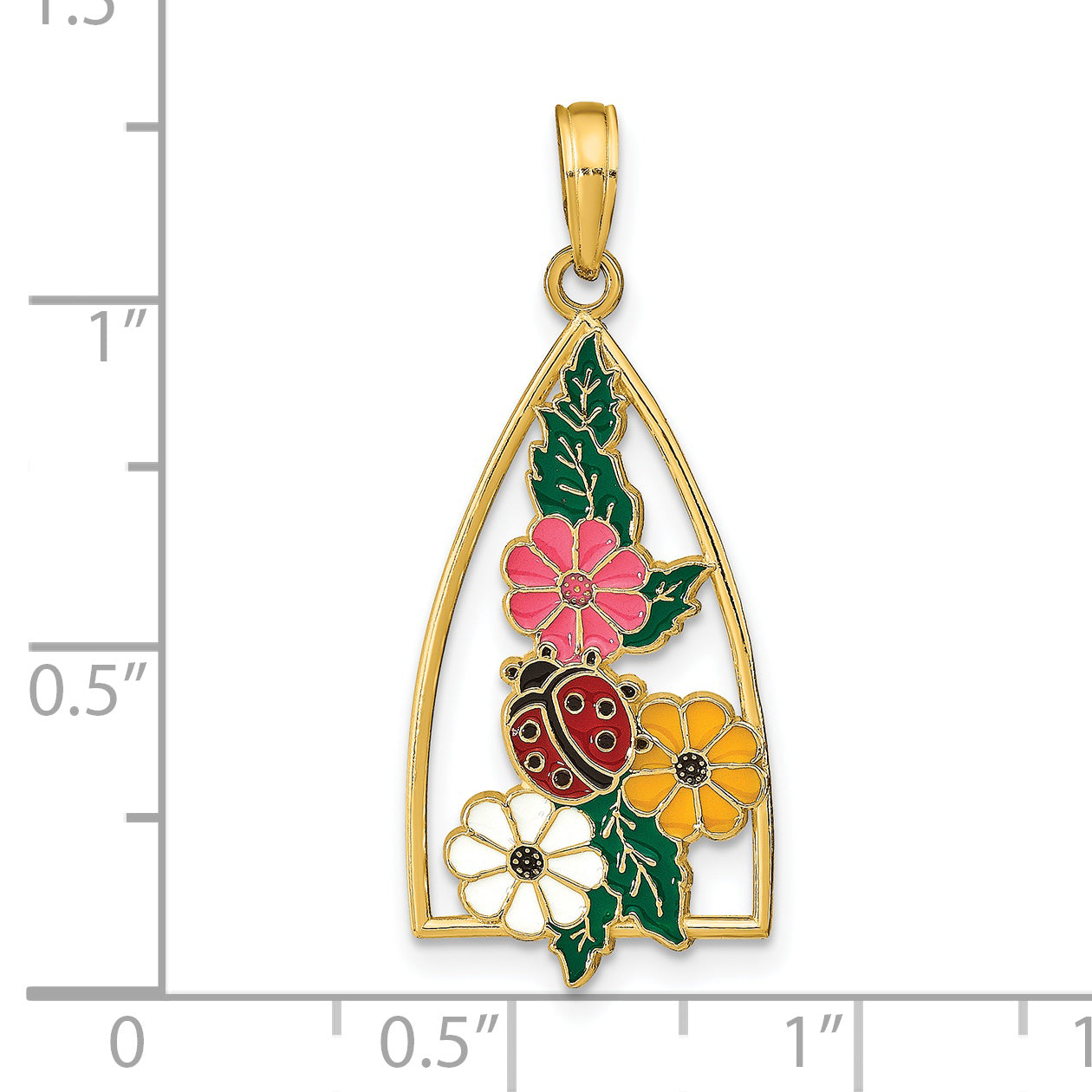 14K Enameled Ladybug and Flowers Triangle Pendant