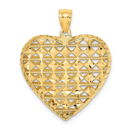 14K 3-D Cut-out Diamond-cut Puffed Heart Pendant