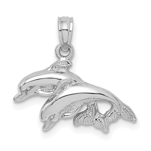 14K White Gold Polished Double Dolphins Jumping Left Charm