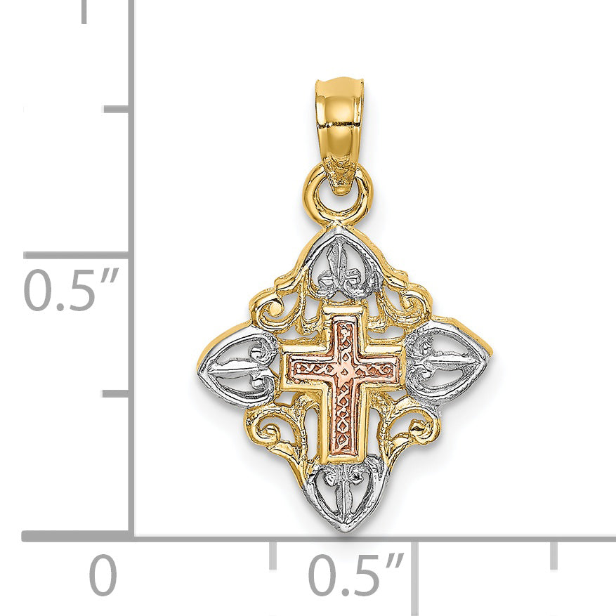 14K Two-tone with White Rhodium Cross Inside Frame Charm