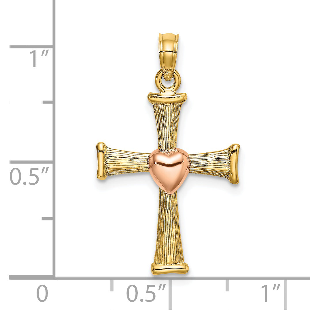 14k Two-Tone Textured Finish Cross with Heart Charm