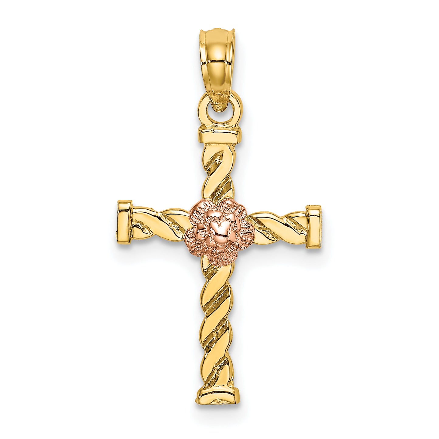 14k Two-Tone Twisted Cross with Flower Charm