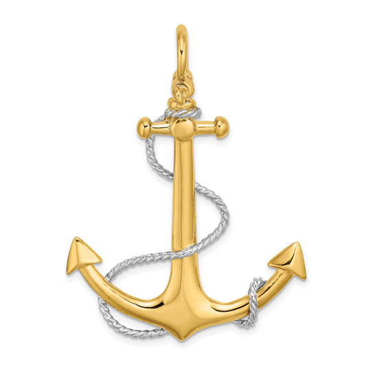 14K with Rhodium 3-D Large Anchor with Rope and Shackle Bail Charm