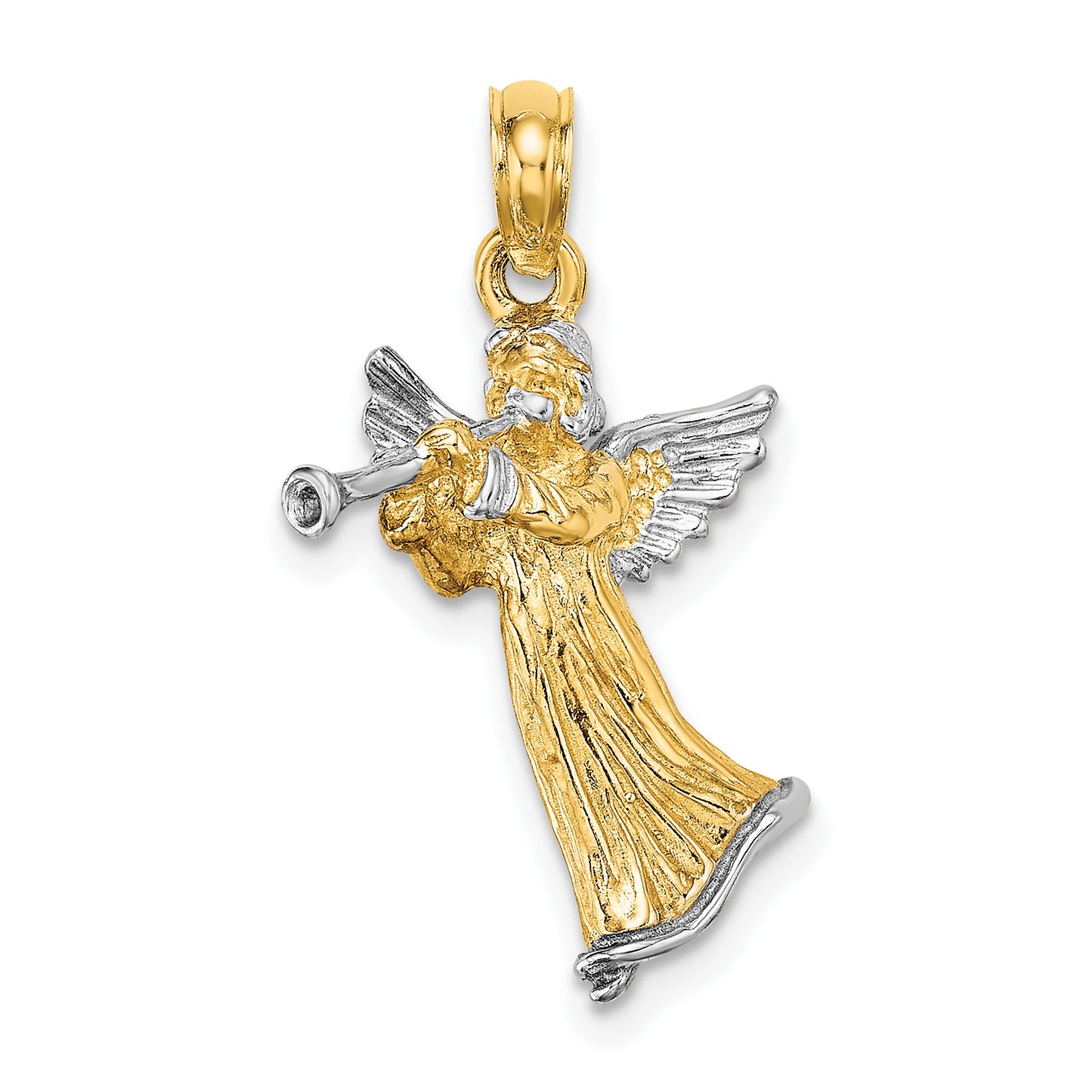 14k with White Rhodium 3-D Angel Playing Trumpet Charm
