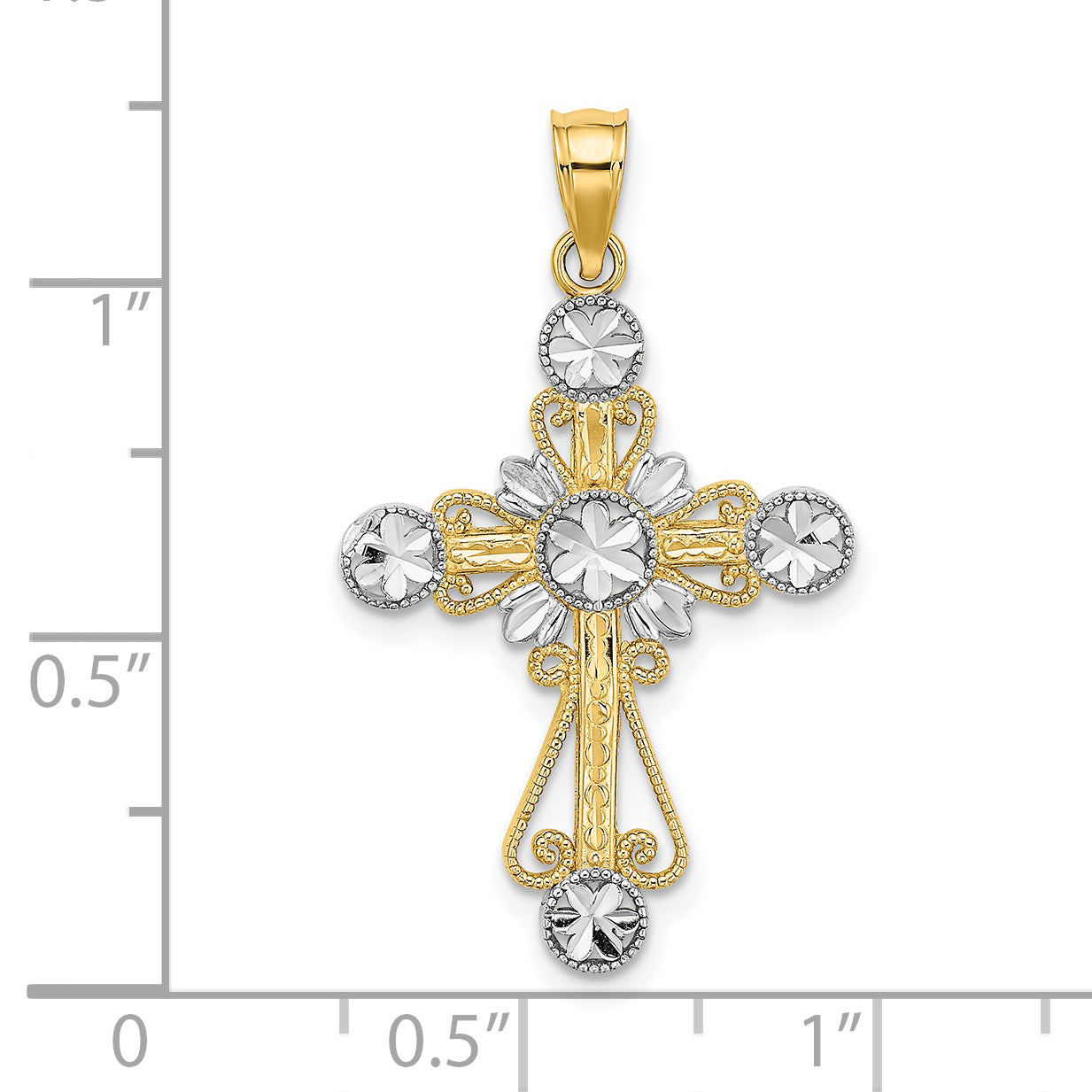 14K with Rhodium D/C Flower Design Cross Charm