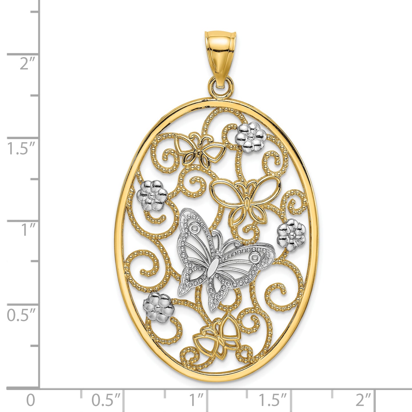 14k Two-Tone with Rhodium Butterfly and Flowers in Oval Frame Charm