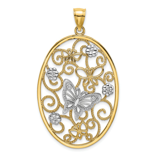 14k Two-Tone with Rhodium Butterfly and Flowers in Oval Frame Charm