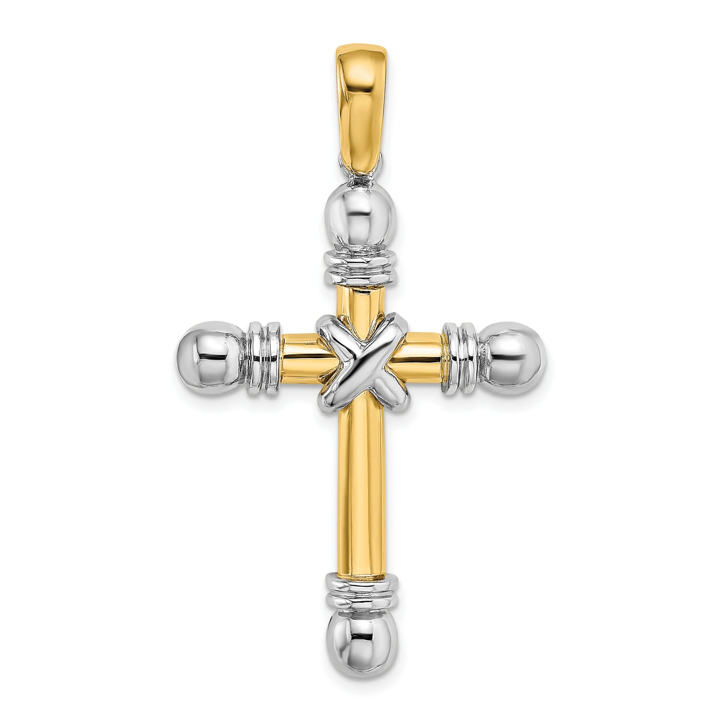 14K with Rhodium X Center Rounded Ends Cross Pendant