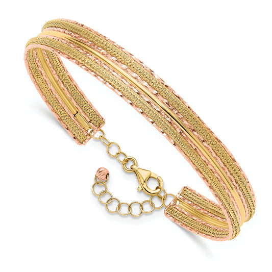 Leslie's 14K Two-tone Dia-cut and Textured with Safety Chain Bangle