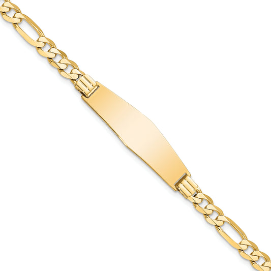 14 Karat Yellow Gold Flat Figaro Link 9mm Soft Diamond Shape ID Bracelet