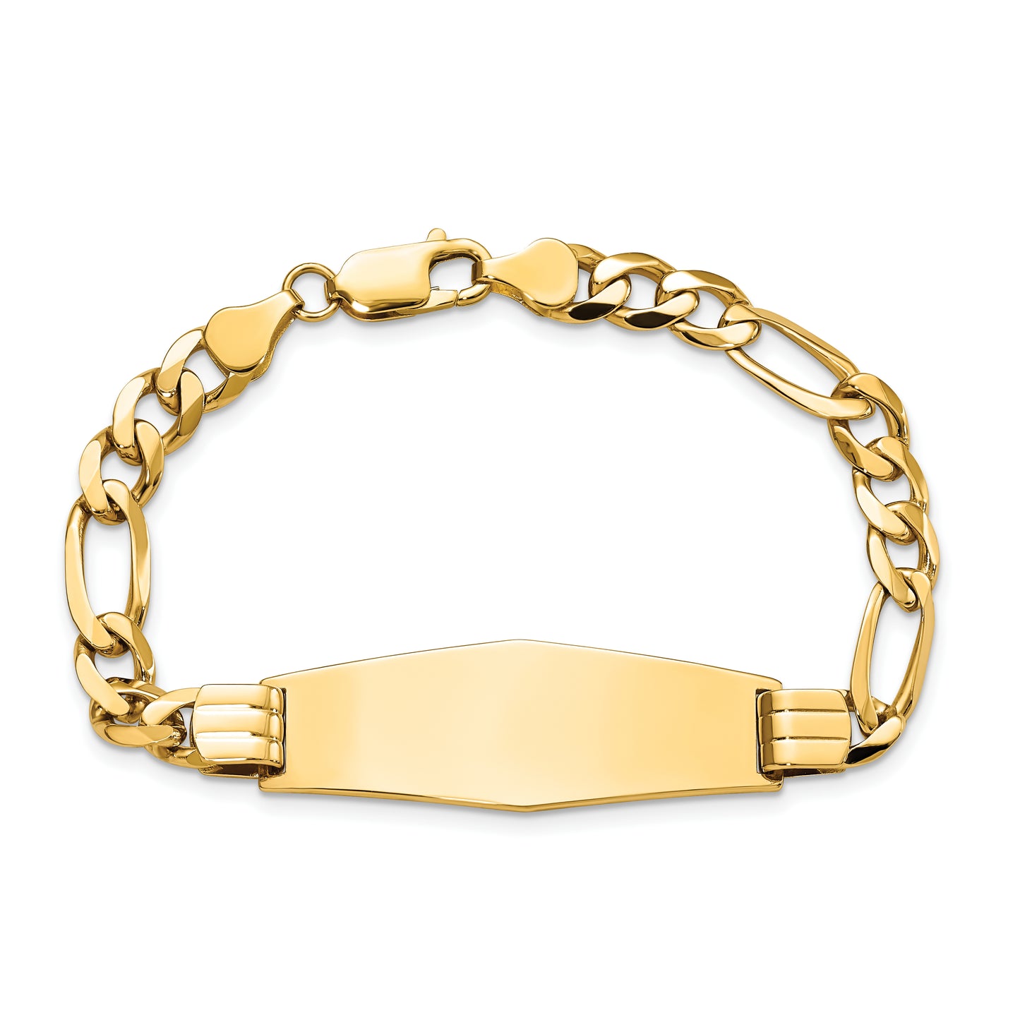 14 Karat Yellow Gold Flat Figaro Link 13.5mm Soft Diamond Shape ID Bracelet