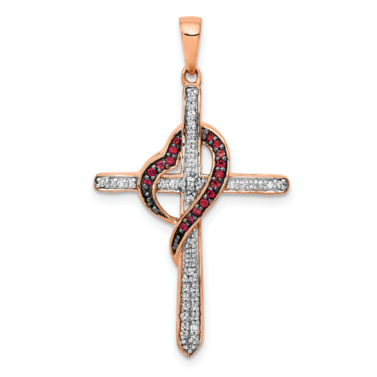 14k Rose Gold Red and White Diamond Cross with Heart Pendant