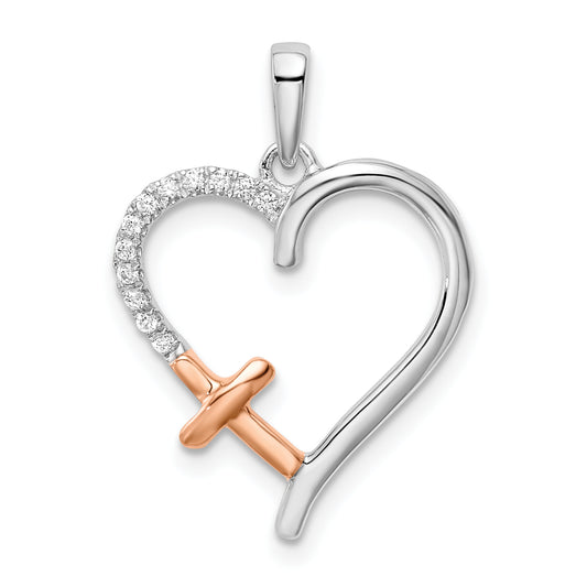 14k Two-tone White and Rose Heart with Cross Diamond Pendant