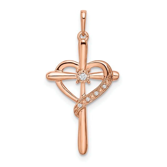 14k Rose Gold Cross with Heart Diamond Pendant