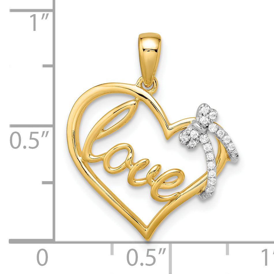 14k Two-tone Polished Heart with Bow Diamond Pendant