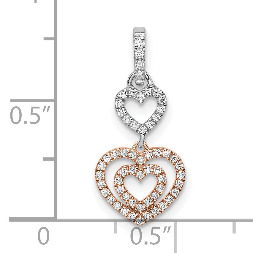 14k Two-tone White and Rose Hearts Dangle Diamond Pendant