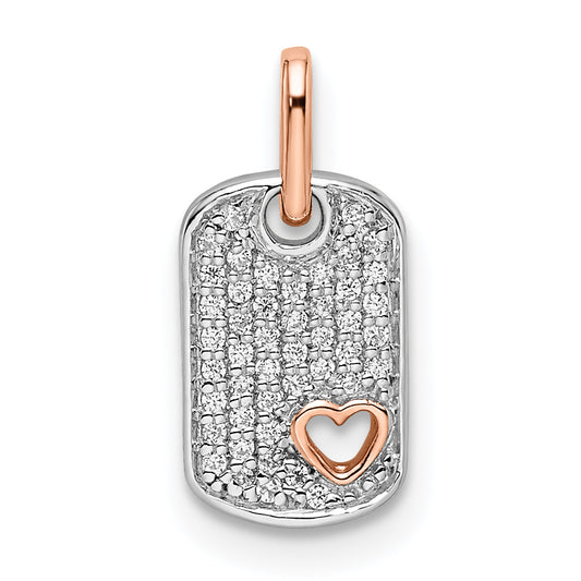 14k Two-tone White and Rose Small Dog Tag with Heart Diamond Pendant