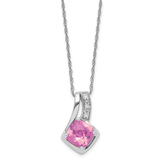 10K White Gold Created Pink Sapphire and Diamond Necklace