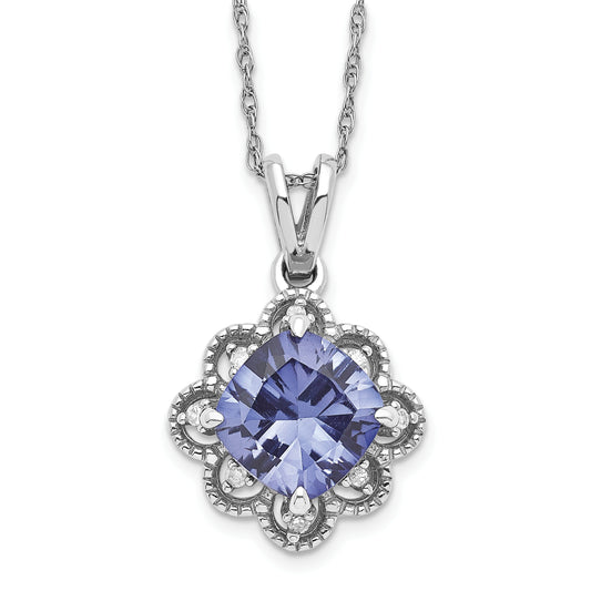 Sterling Silver Created Blue Stone and Diamond Necklace