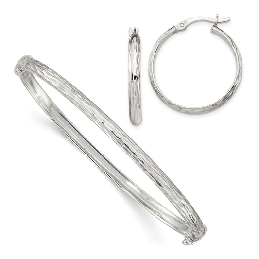 Sterling Silver D/C 4mm Bangle and 3mm Hoop Earring Set