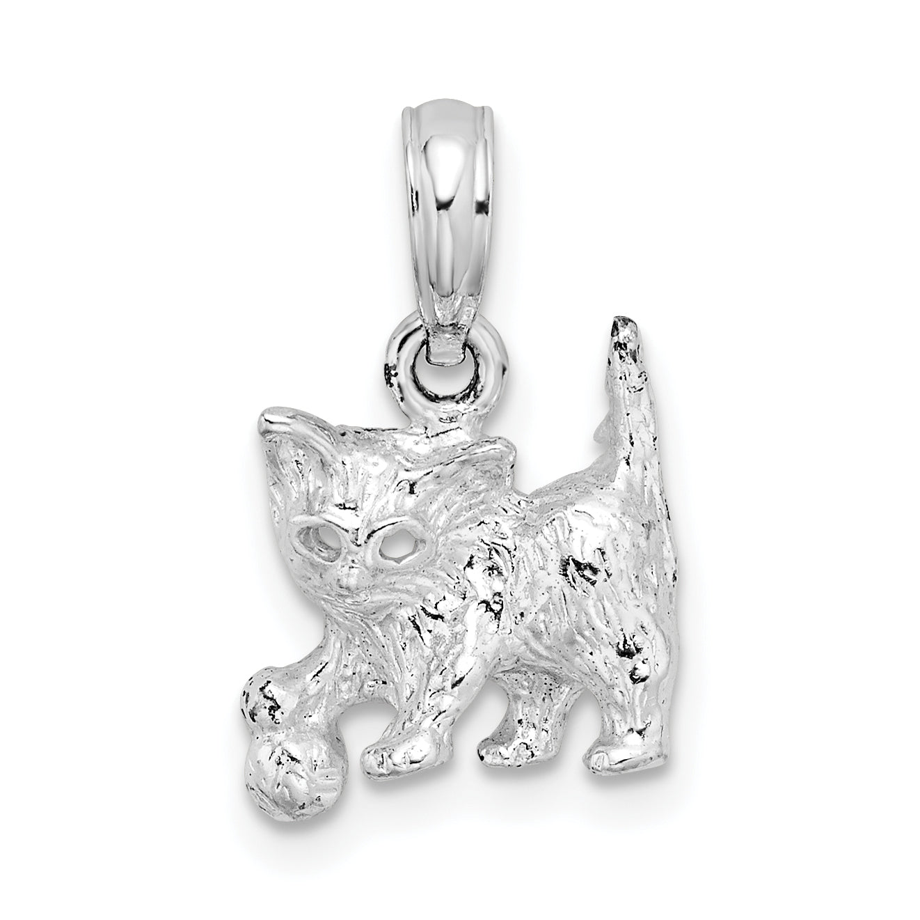 Sterling Silver Rhodium-plated Polished Cat with Ball Pendant