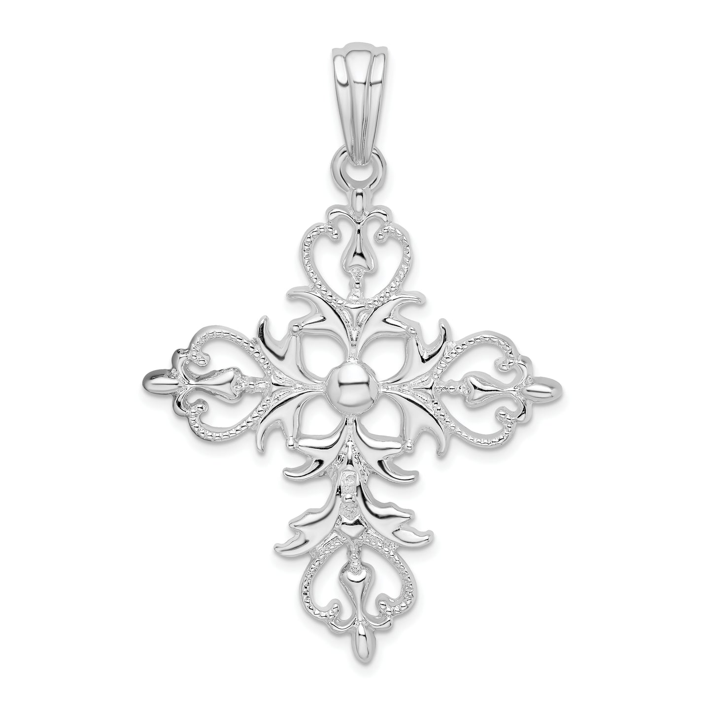 Sterling Silver Polished Filigree Fleur de Lis Cross Pendant
