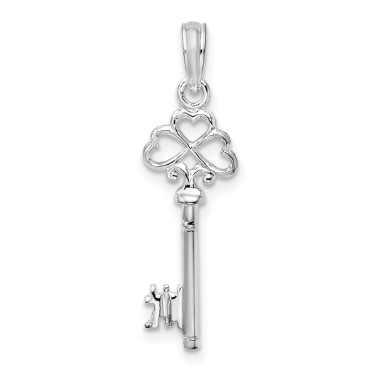 Sterling Silver RH-plated Polished 3D Key with Hearts Top Pendant