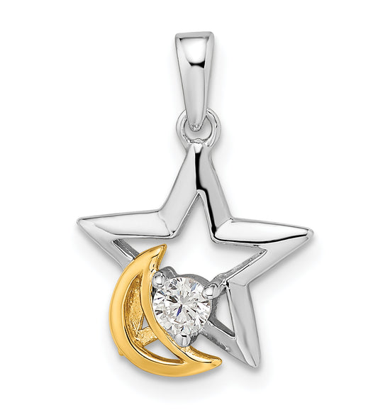 Sterling Silver RH-plated and Gold-plated Star and Moon CZ Pendant