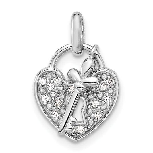 Sterling Silver Rhodium-plated CZ Key and Heart Pendant