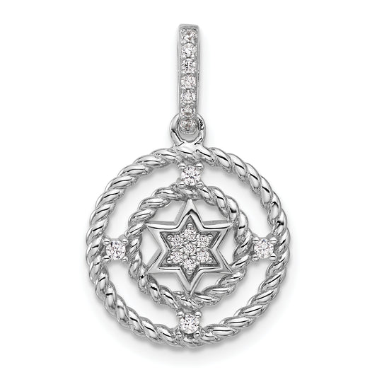 Sterling Silver Rhodium-plated Fancy CZ Circle with Star Pendant