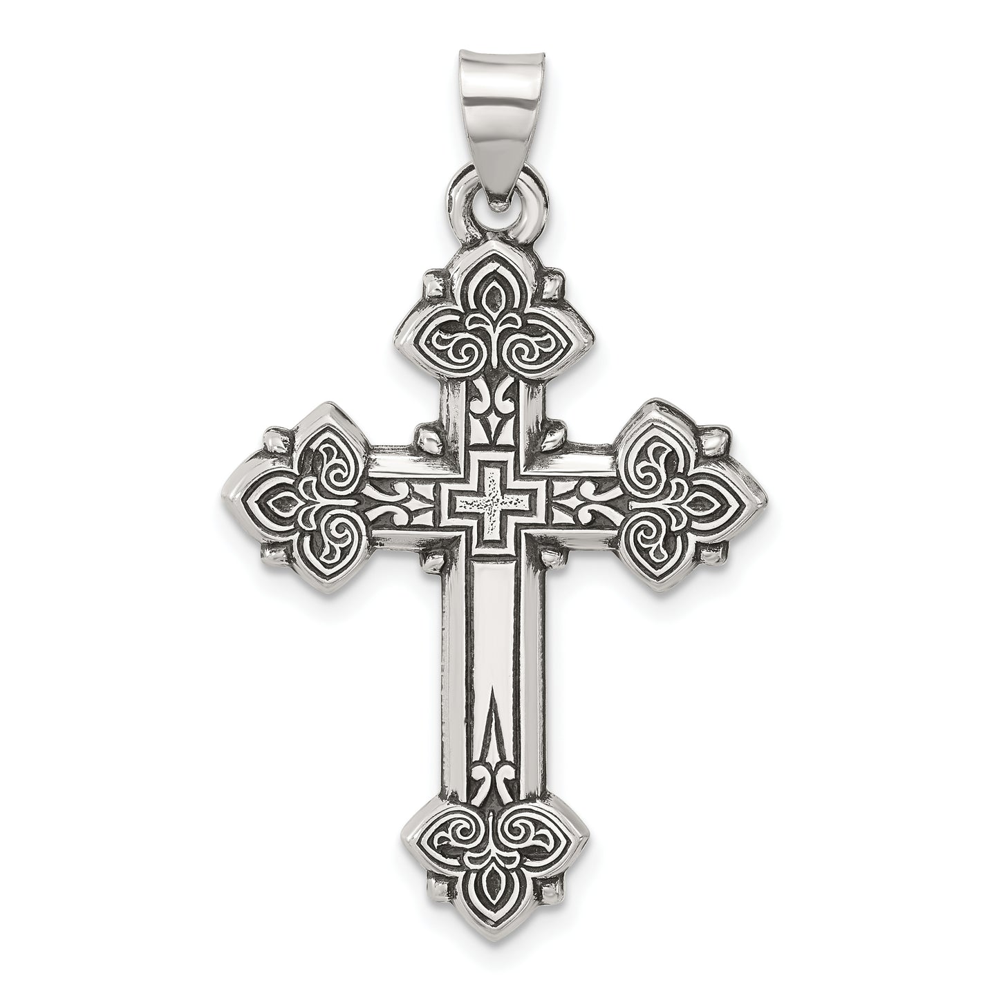 Sterling Silver Antiqued Solid Budded Cross Pendant