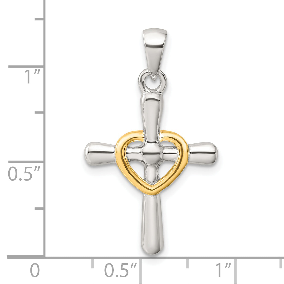 Sterling Silver Polished Gold-tone Cross with Open Heart Pendant