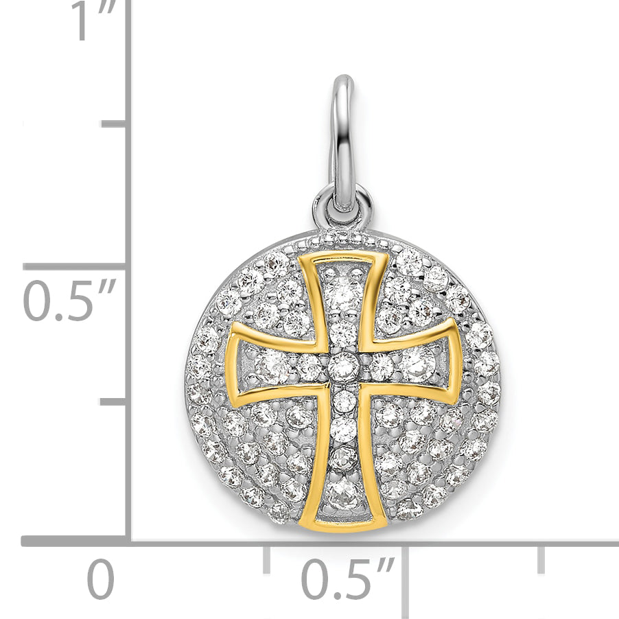 Sterling Silver Gold-plated CZ Cross Circle Pendant