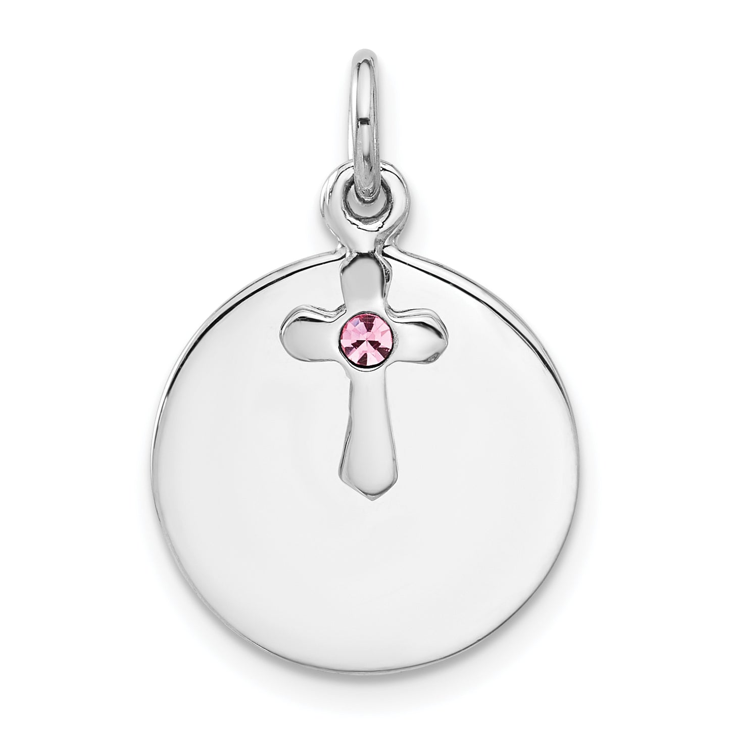 SS Rhodium-plated Circle Disk and Cross with Pink Crystal Pendant