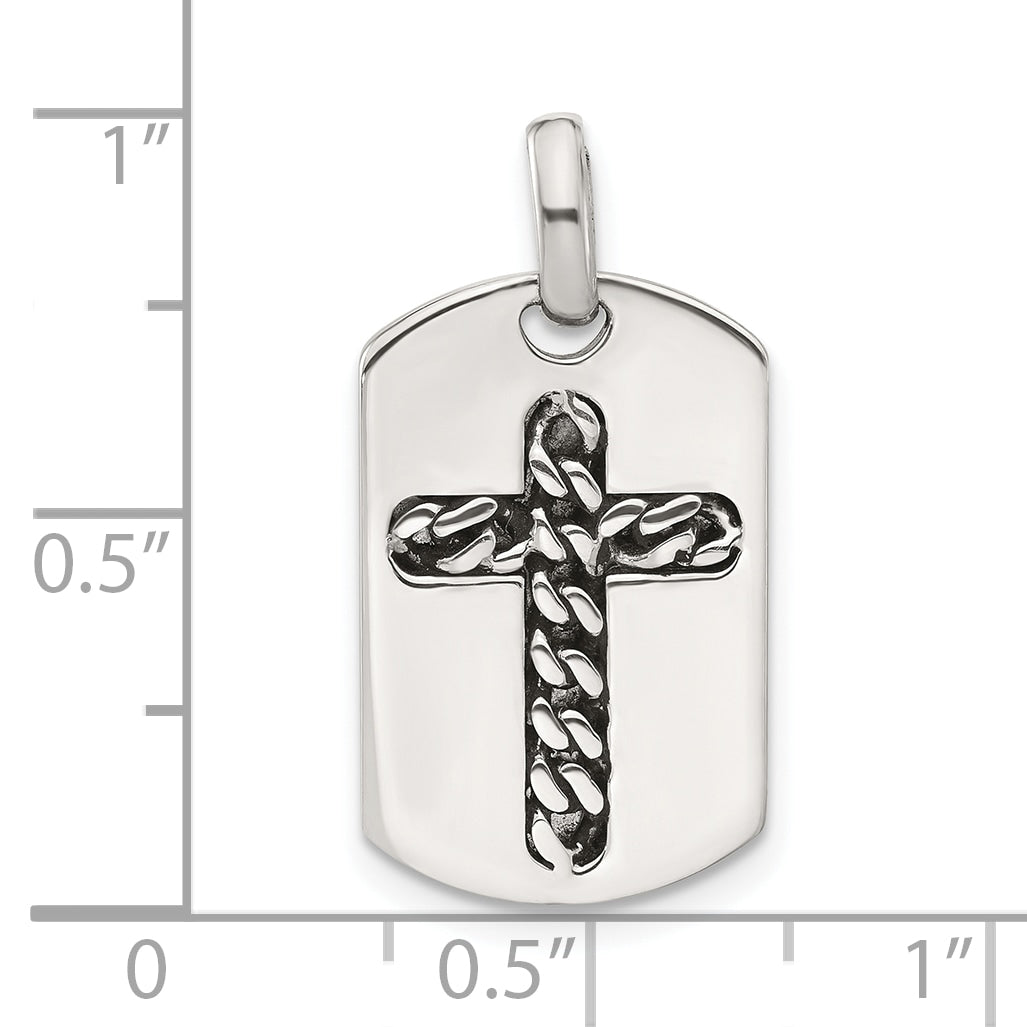 Sterling Silver Antiqued Chain Inlay Cross Dog Tag