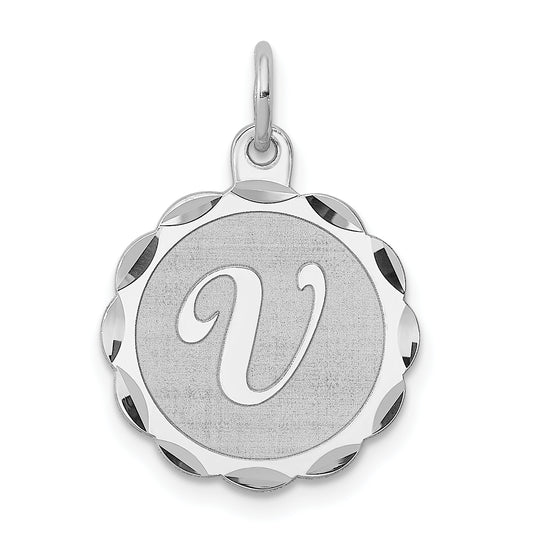 Sterling Silver/Rhodium-plated Brocaded Letter V Initial Pendant