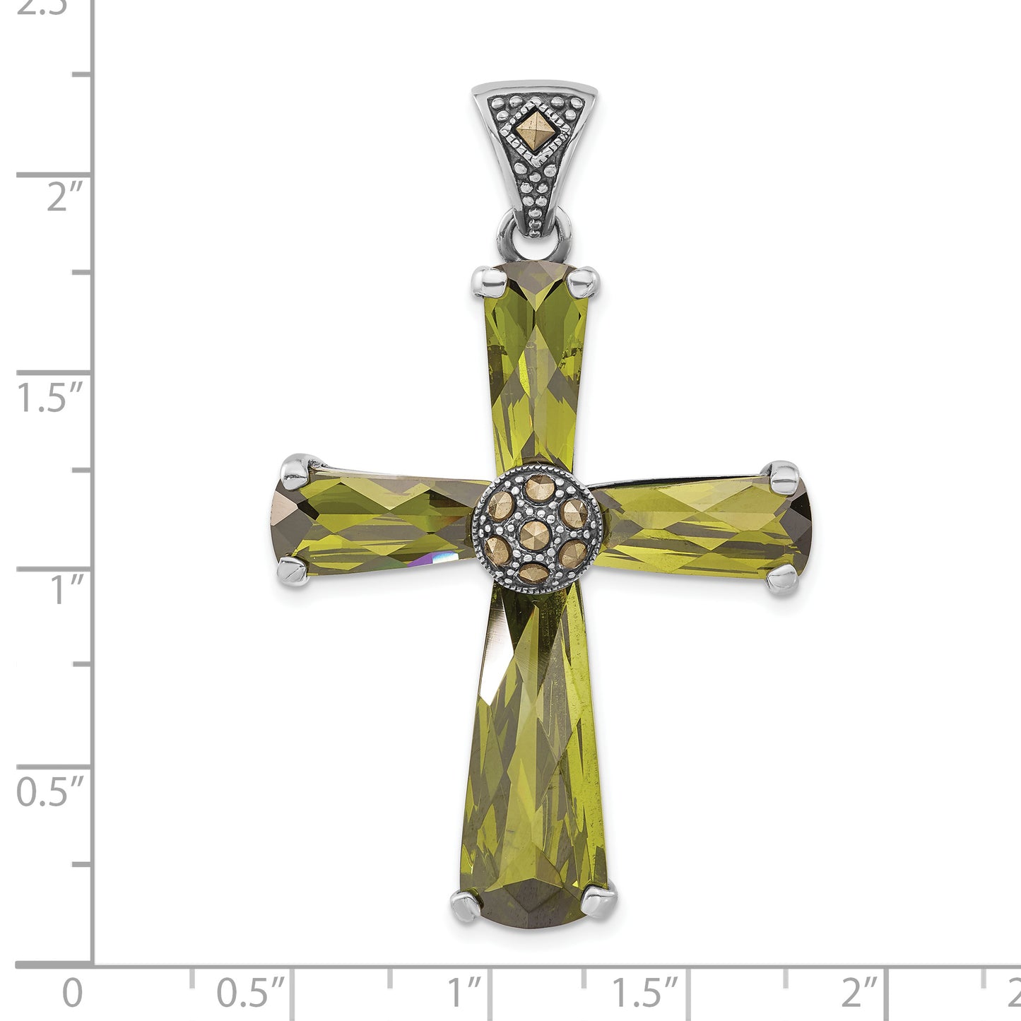Sterling Silver Polished and Antiqued Green CZ and Marcasite Cross Pendant