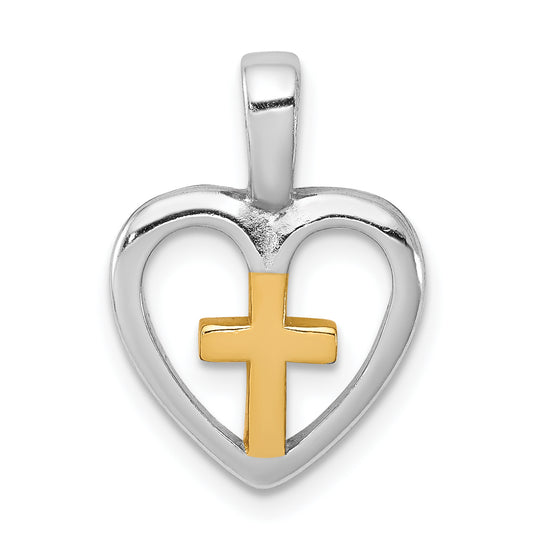 Sterling Silver Rhodium-platedVermeil Cross Heart Pendant