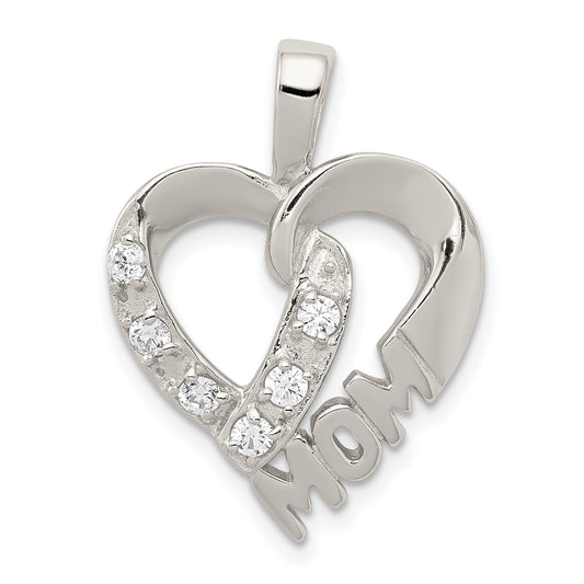 Sterling Silver Rhodium-plated CZ Heart MOM Pendant