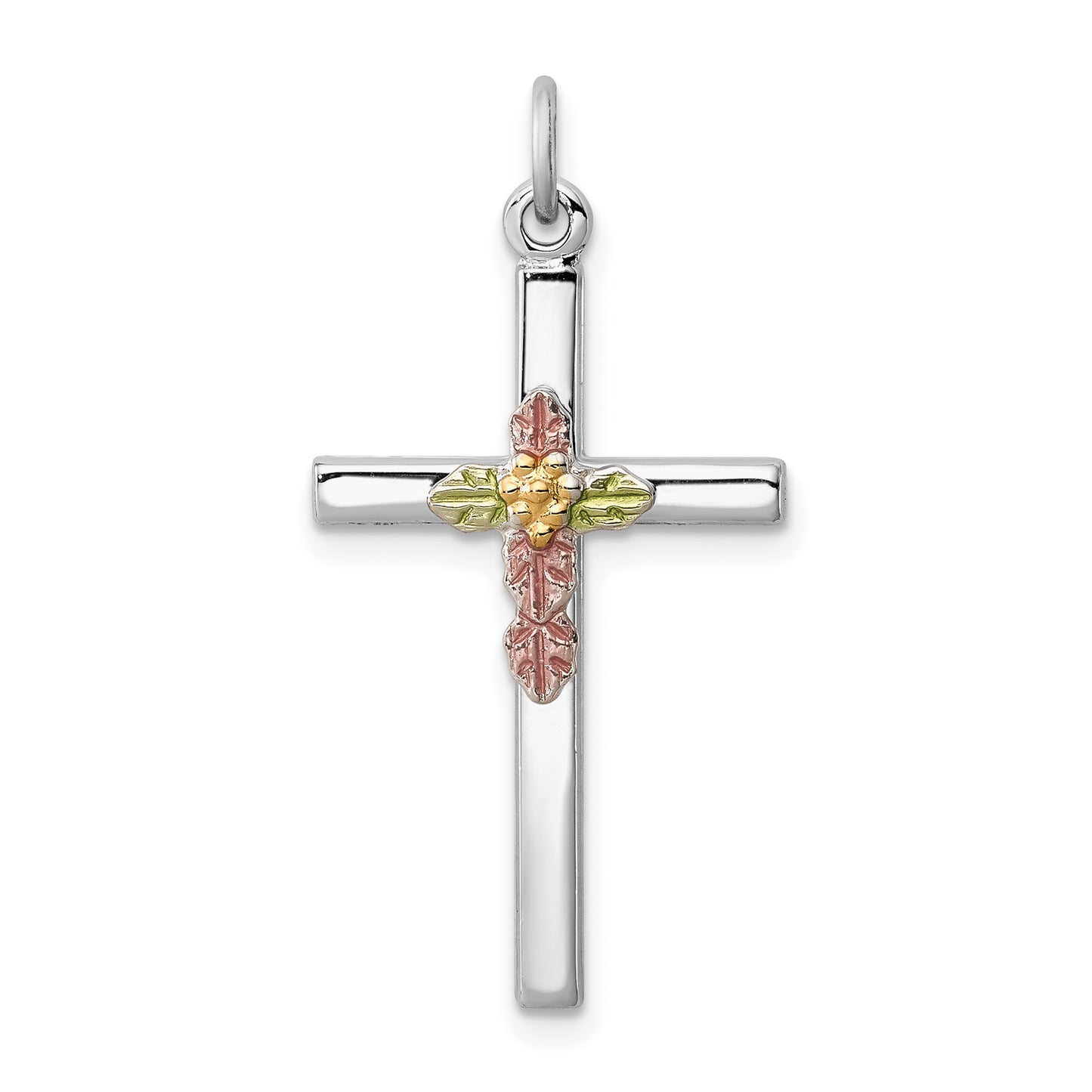 Sterling Silver Rhodium-plated Polished Epoxy and Gold-plated Cross Pendant