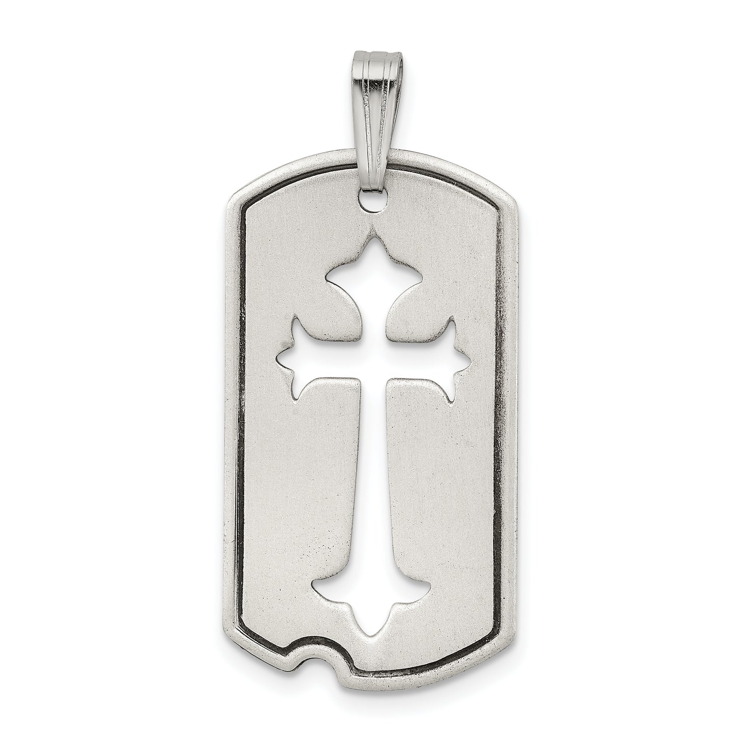 Sterling Silver Satin Antiqued Dog Tag with Cut out Cross Pendant