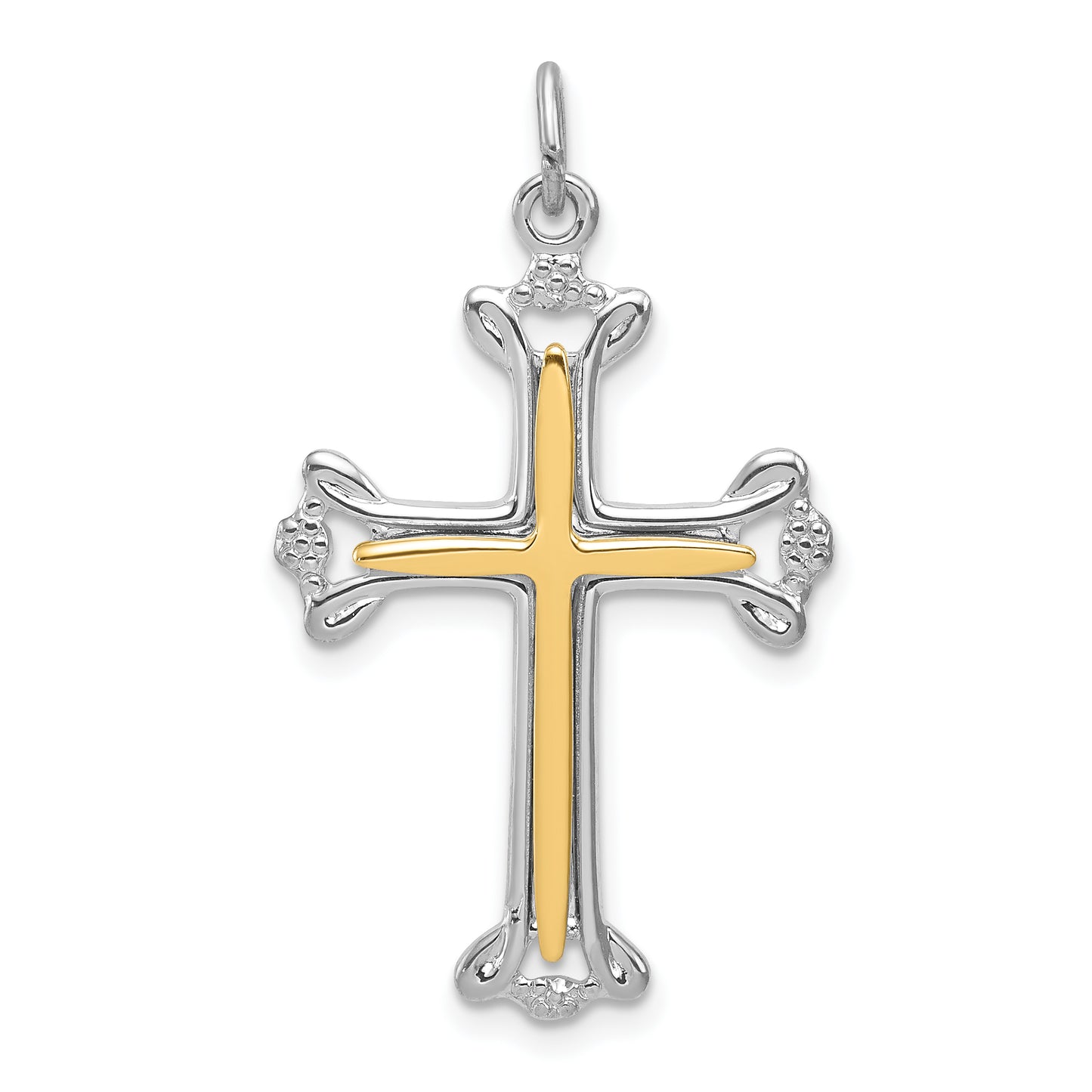 Sterling Silver Rhodium-plated Polished Vermeil Budded Cross Pendant