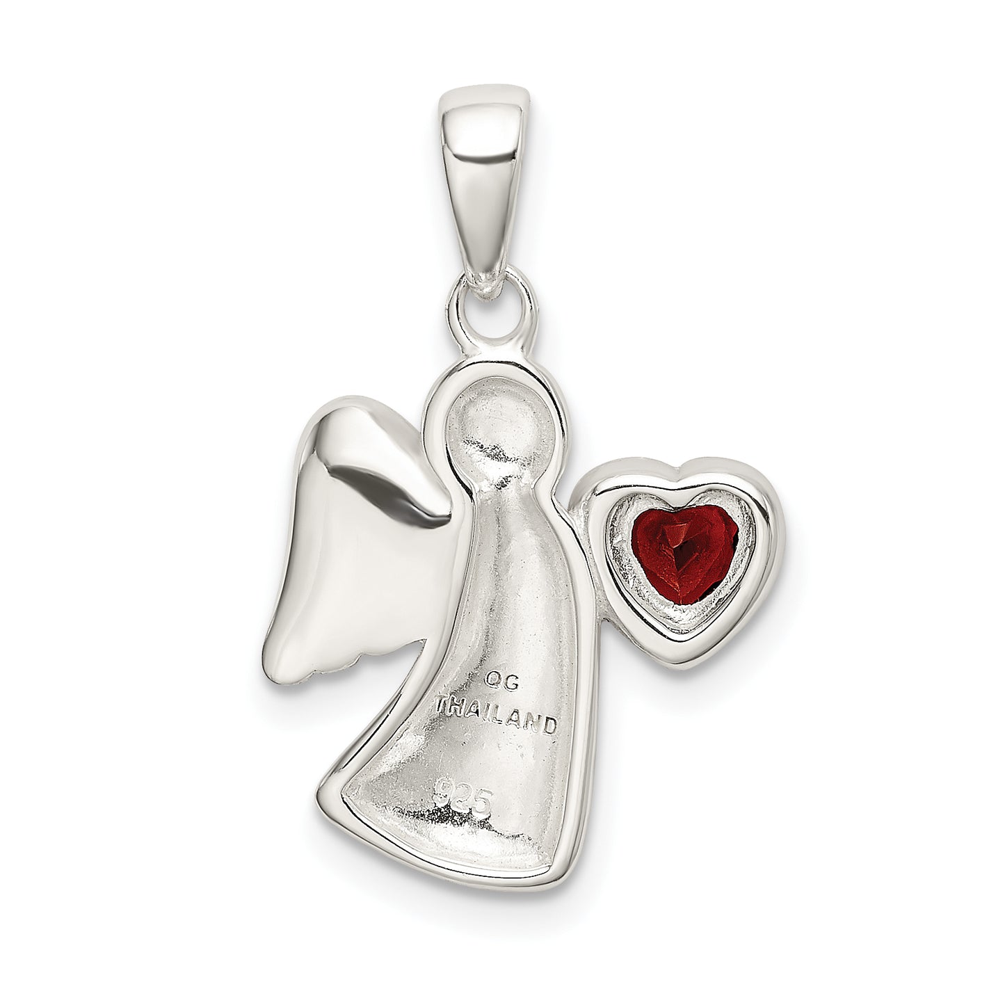 Sterling Silver Angel with Dark Red CZ Heart Pendant
