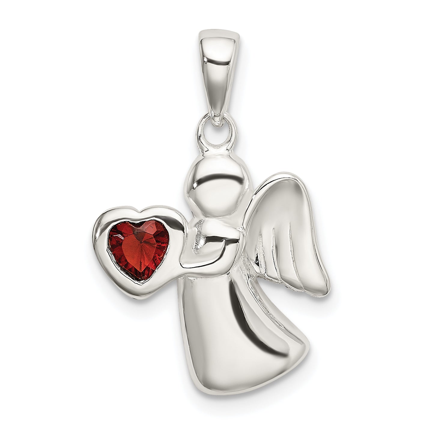 Sterling Silver Angel with Dark Red CZ Heart Pendant