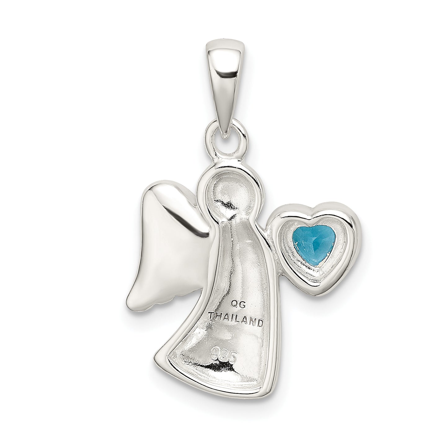 Sterling Silver Angel with Blue CZ Heart Pendant