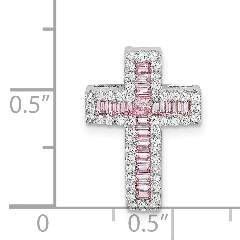 Sterling Silver Rhodium-plated Pink and White CZ Cross Chain Slide